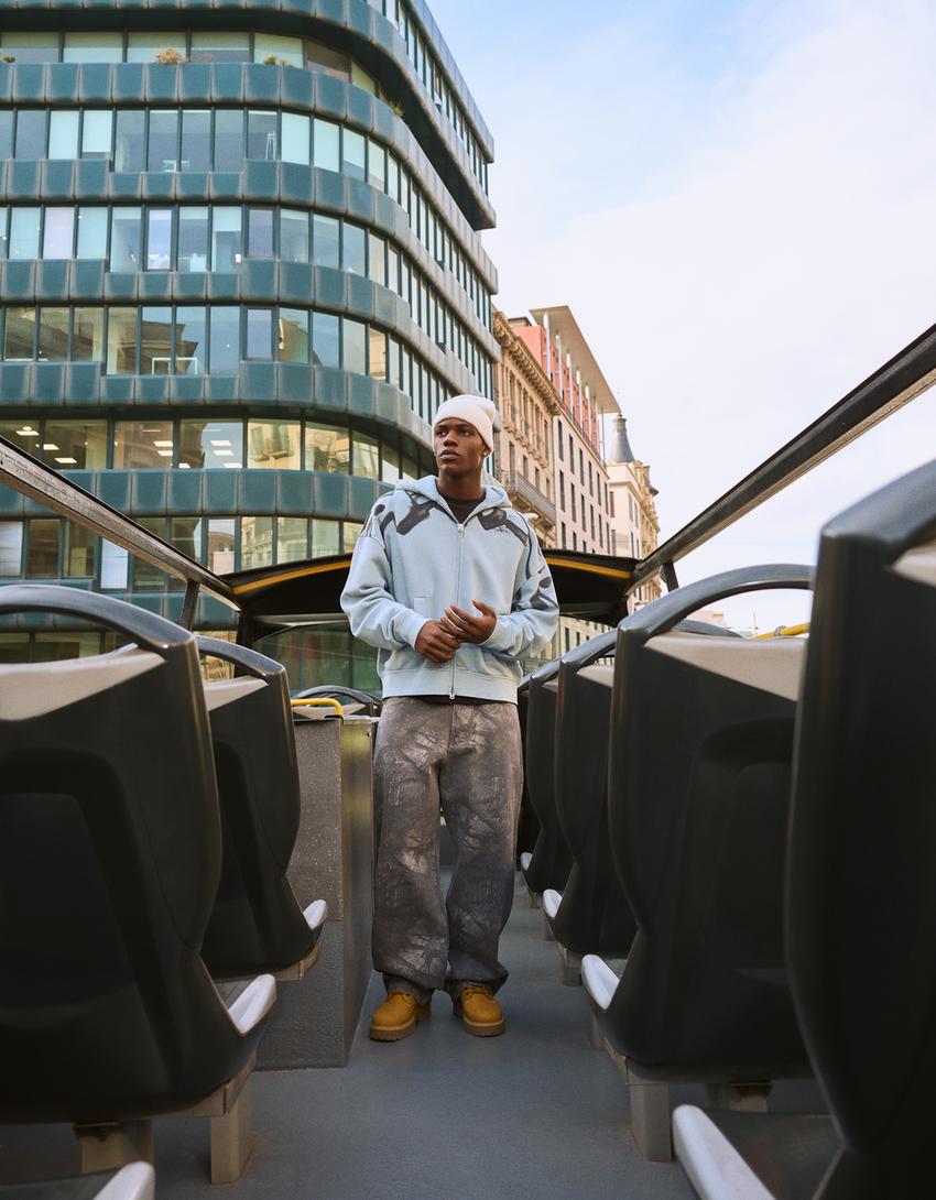 Sweatshirt fecho de correr capuz estampado-Azul lavado