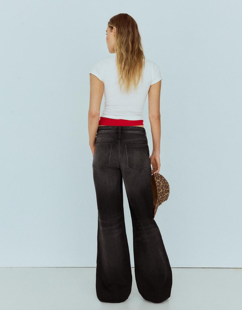 Vintage yıkamalı yüksek bel wide leg jean-Siyah