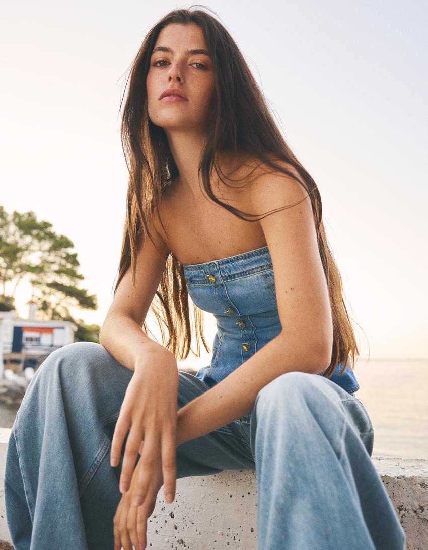 Jeans-Top mit Schößchen-Ausgewaschenes Blau