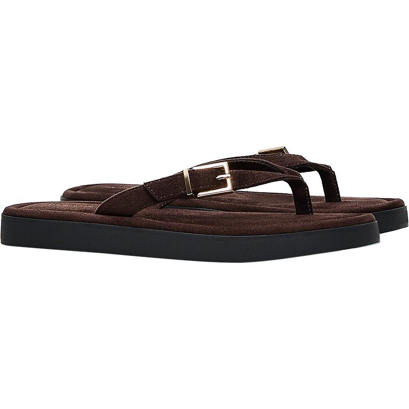 Flat thong sandals with buckle — Brown