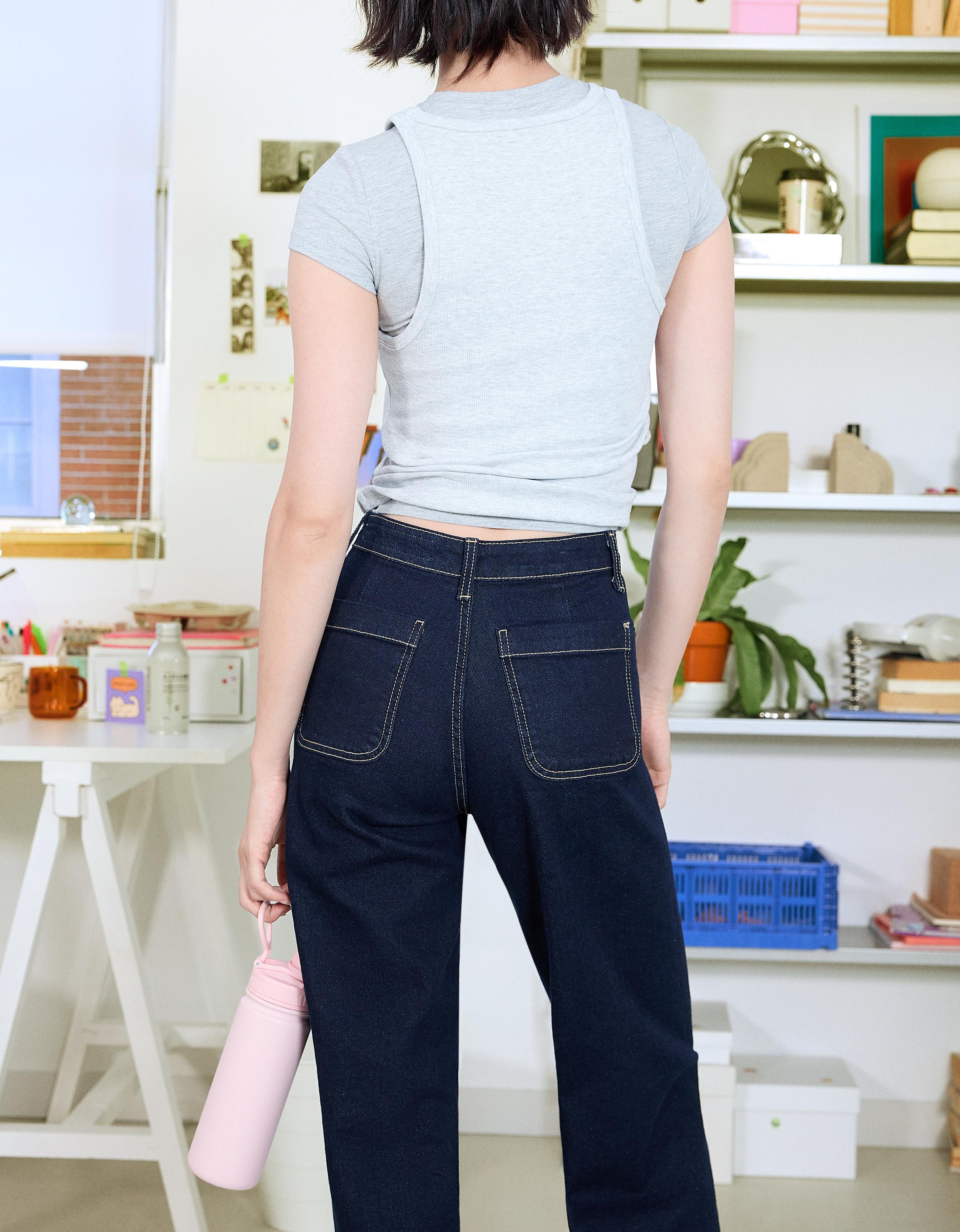 Yüksek bel dikişsiz cepli geniş paça jean - Görsel 33