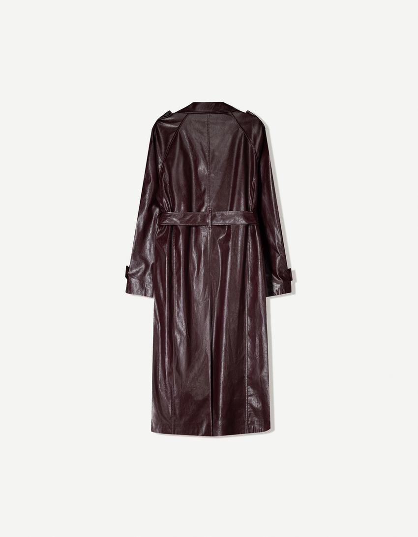 Uzun vinil görünümlü trençkot-Bordo-5