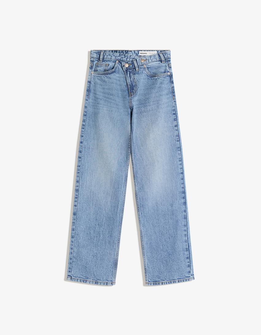Wide-leg crossover waist jeans-Light blue
