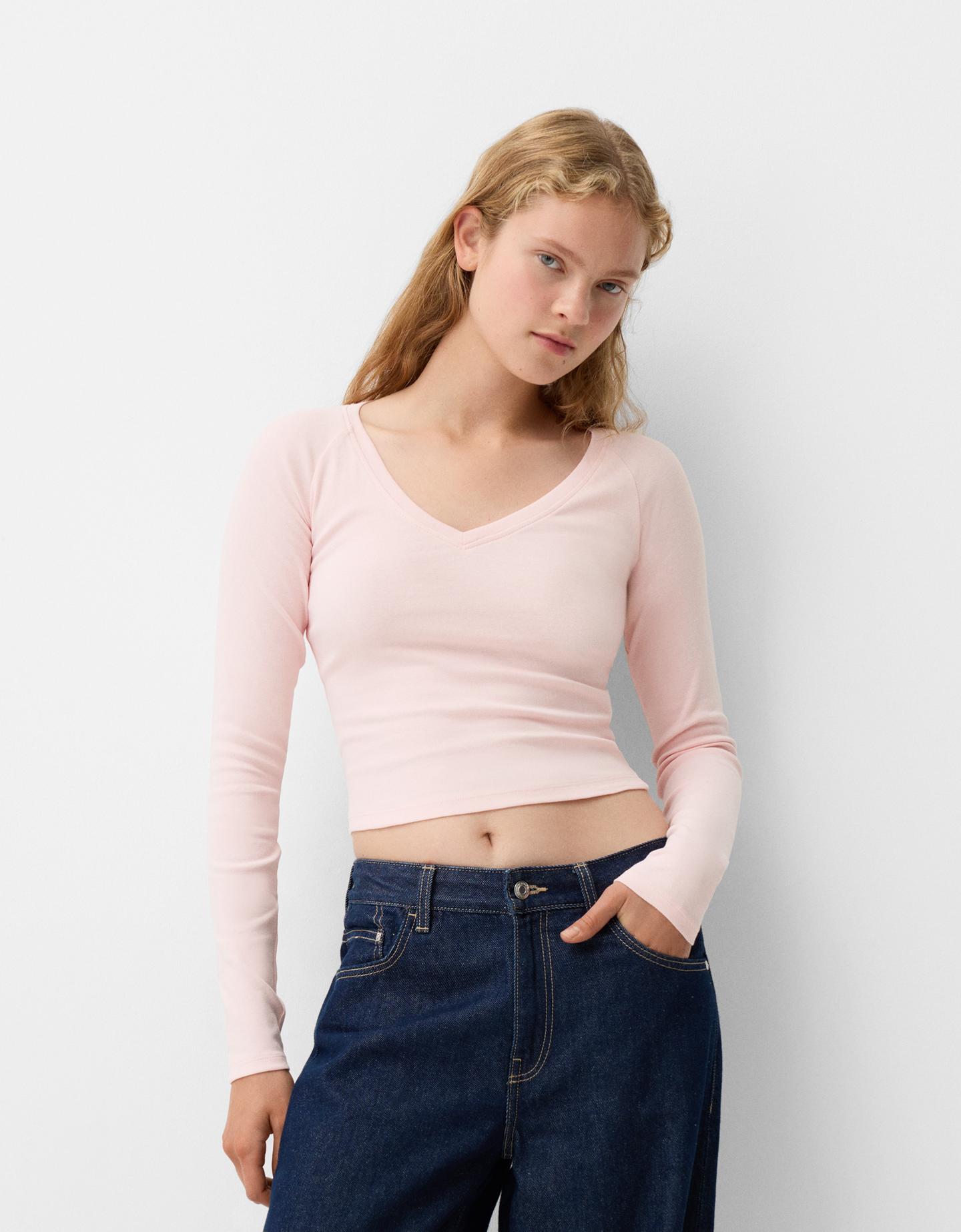 Bershka Camiseta Manga Larga Cuello Pico Mujer 10-12 Rosa