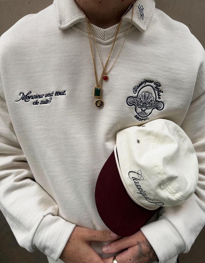 Long sleeve printed polo shirt-Cream