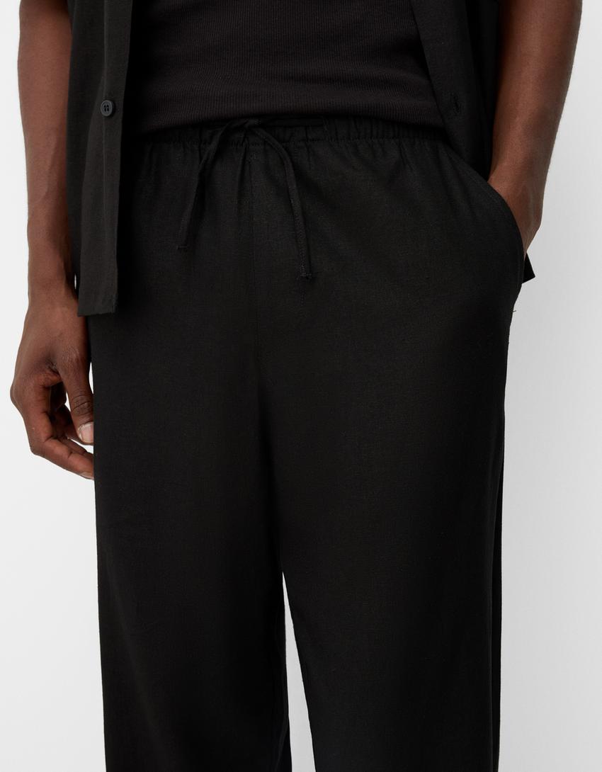 بنطال كتان واسع الساقين-أسود-3