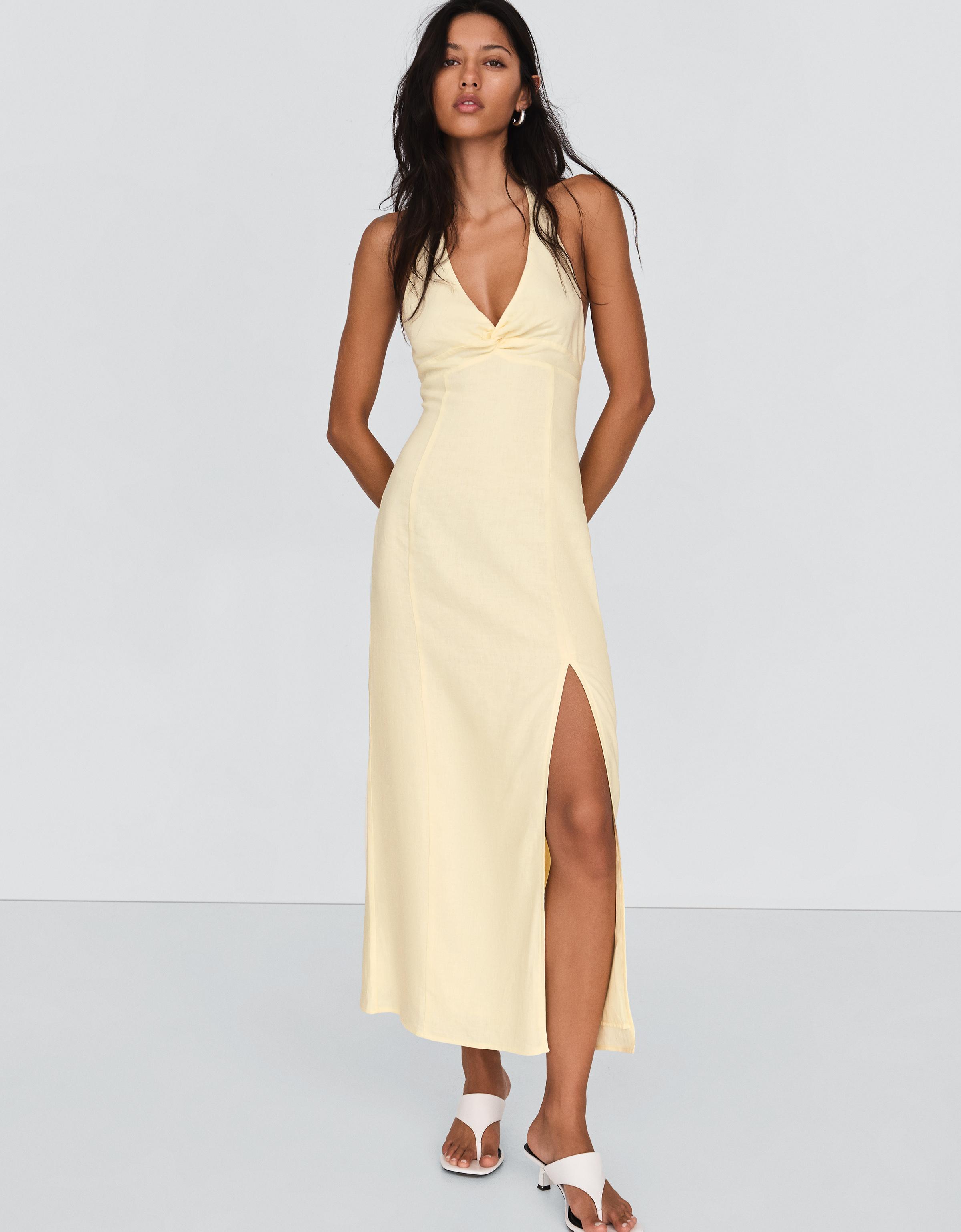 Ketenli halter midi elbise - Görsel 11