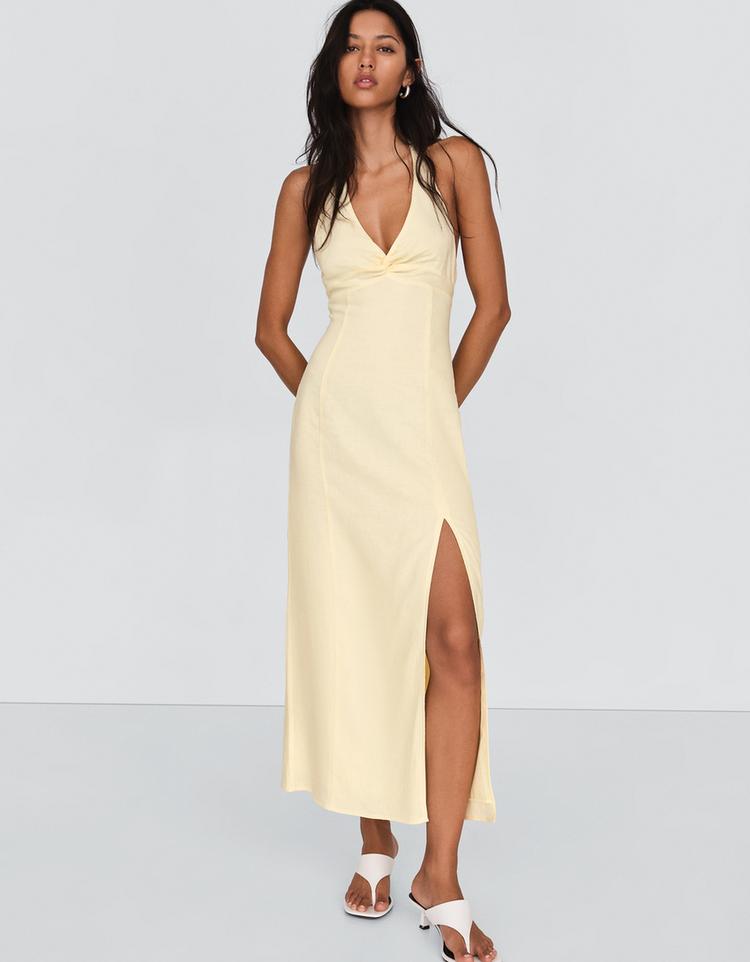 Ketenli halter midi elbise