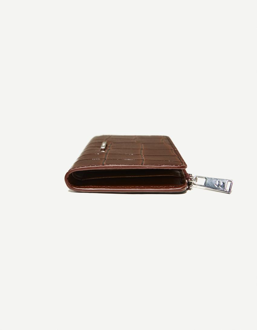 Embossed faux-patent-finish animal print purse-Brown