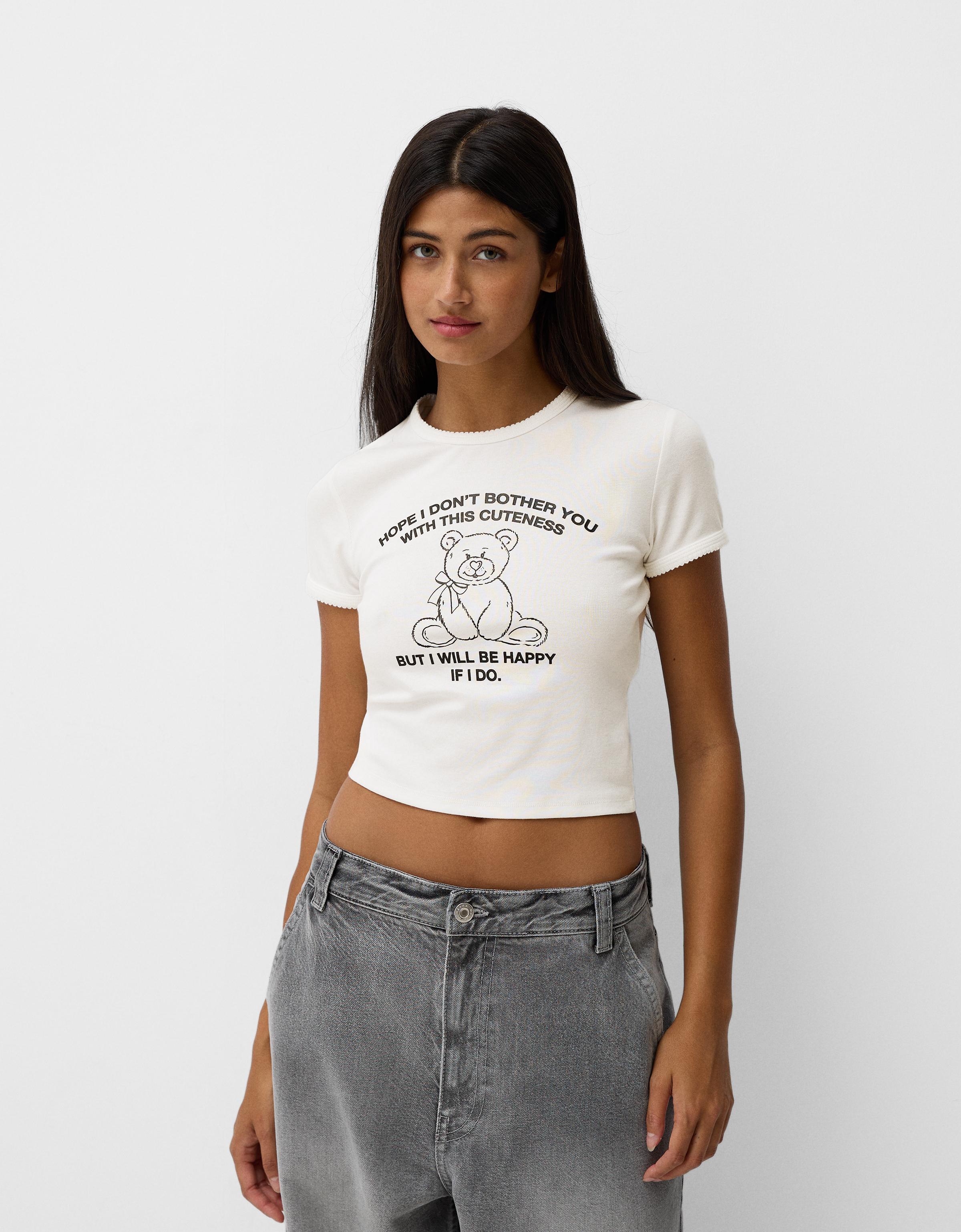 Bershka T-Shirt Mit Print Damen Xs Grbrochenes Weiss