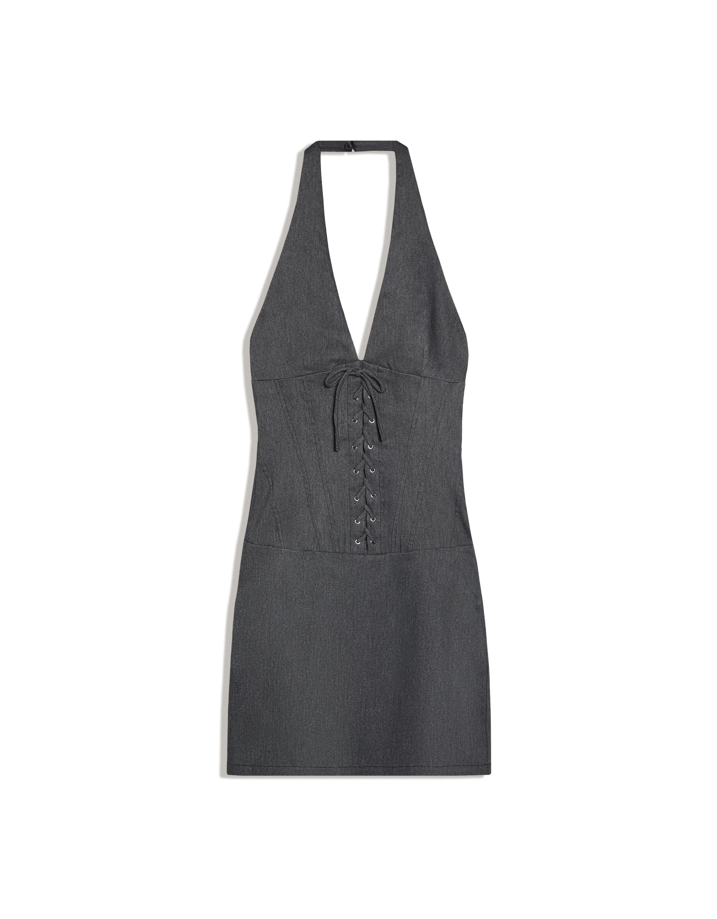 Mini halter dress in twill with corset effect and bow — Dark blue