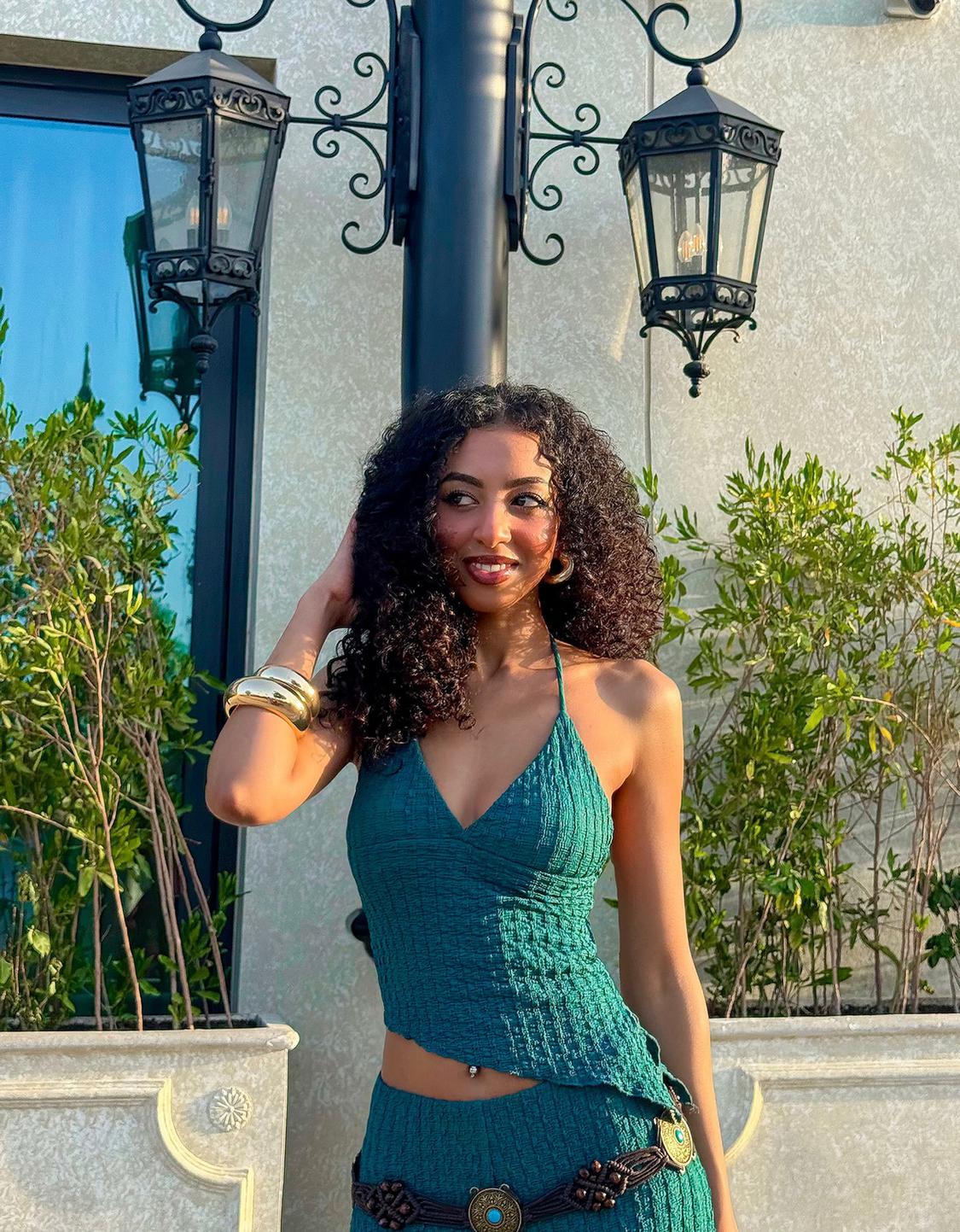 Rustic asymmetric strappy top