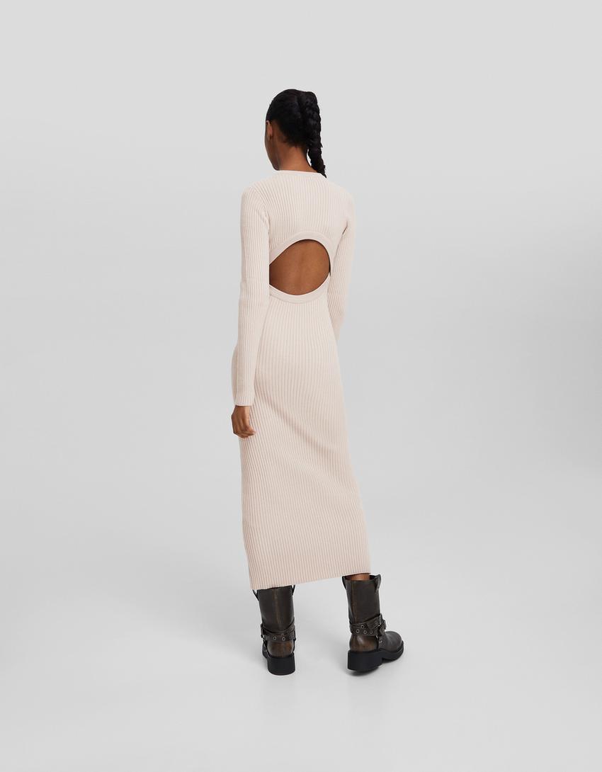 فستان مضلع متوسط الطول بأكمام طويلة وفتحة خلفية-رمادي-2