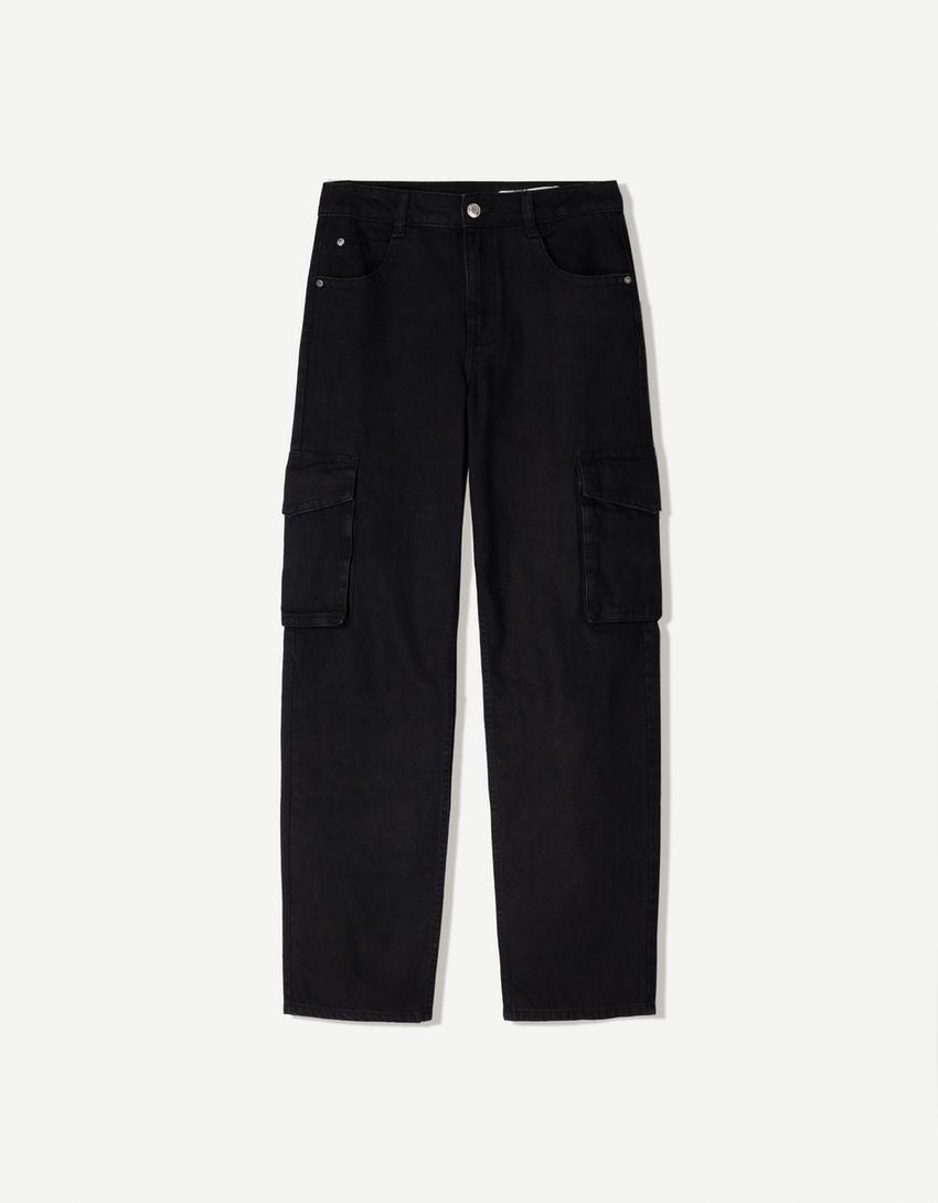 Straight-leg cargo jeans-Black-3