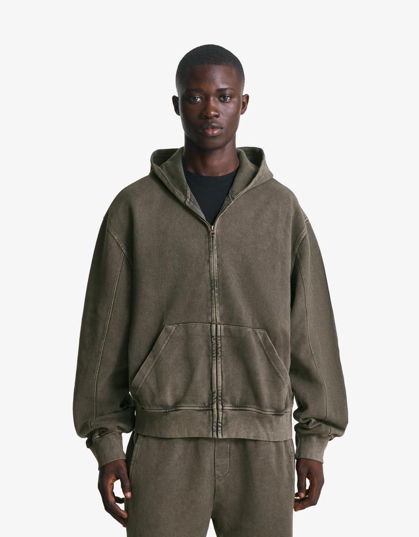 Faded-effect piqué sweatshirt with zip-Grey-0