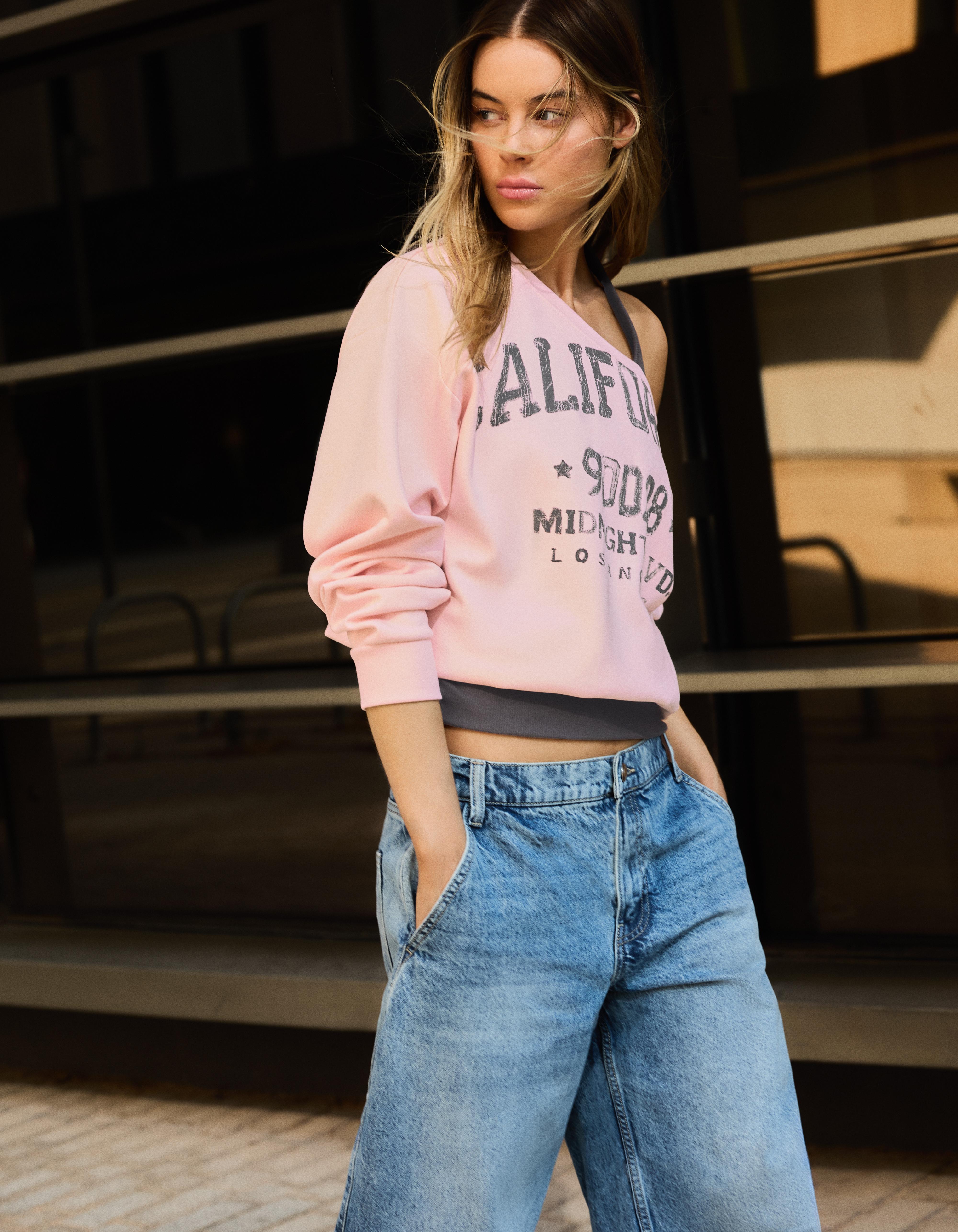 Bershka Sudadera Cuello Asimétrico Doble Mujer Rosa