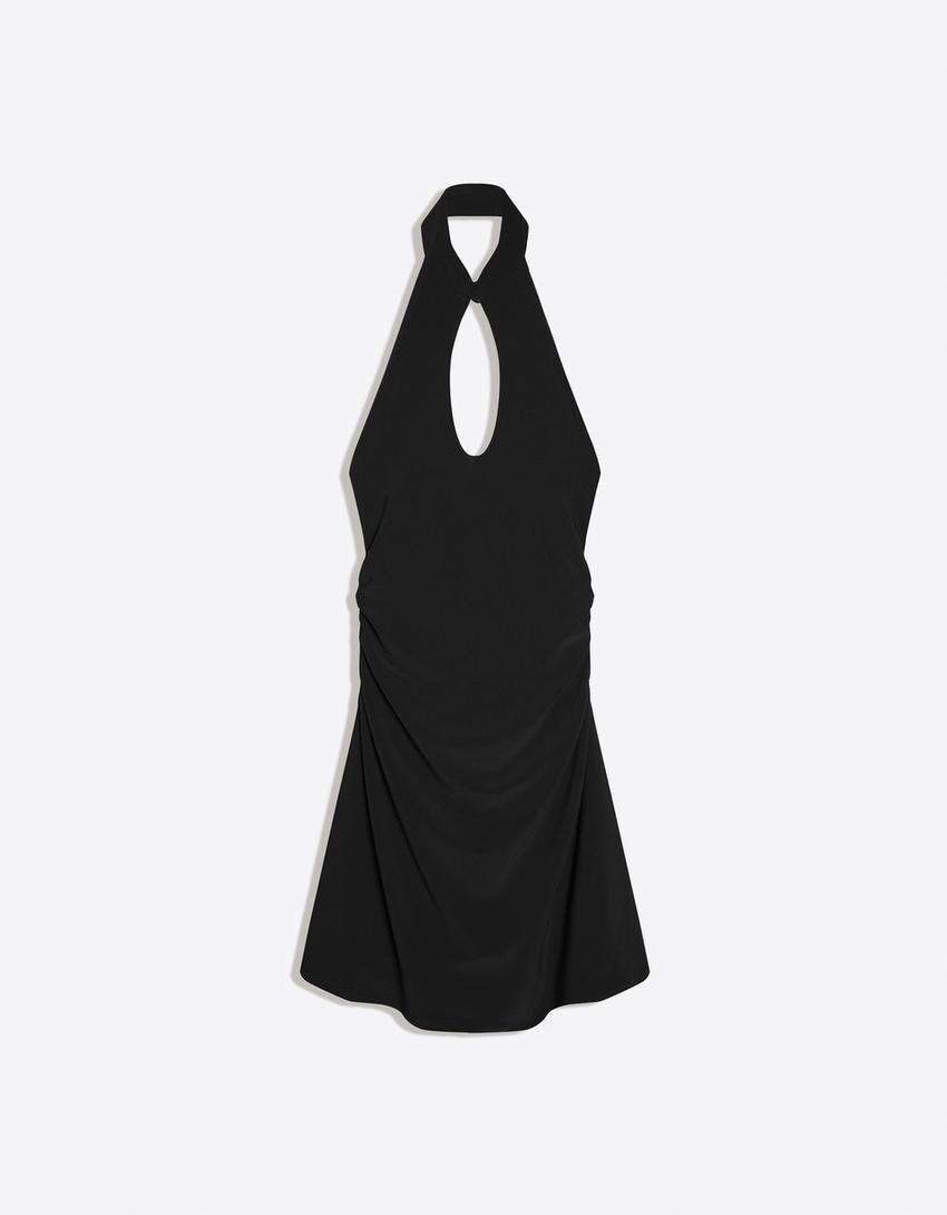 Neckholderkleid mit Qipao-Ausschnitt-Schwarz