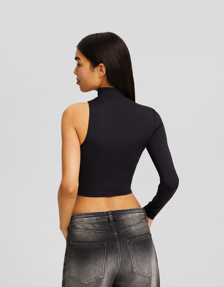 تيشرت بزمة غير متماثل وبأكمام طويلة-أسود-1