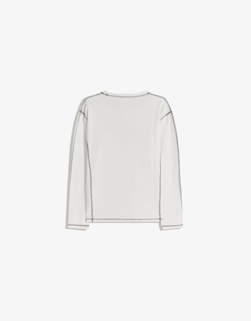 T-shirt à manches longues côtelé avec écusson-Blanc