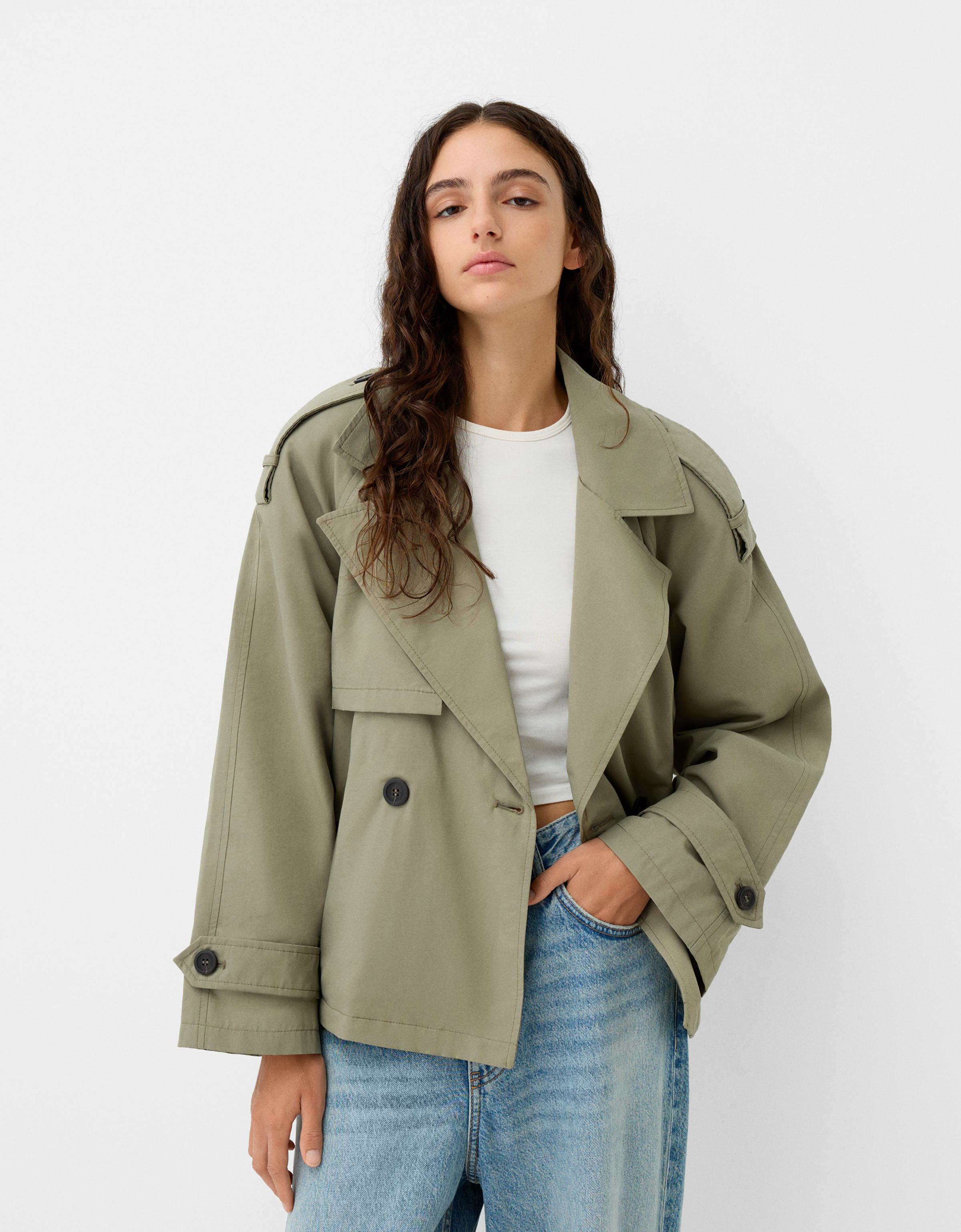 Bershka Kurzer Trenchcoat Damen Xs Khaki