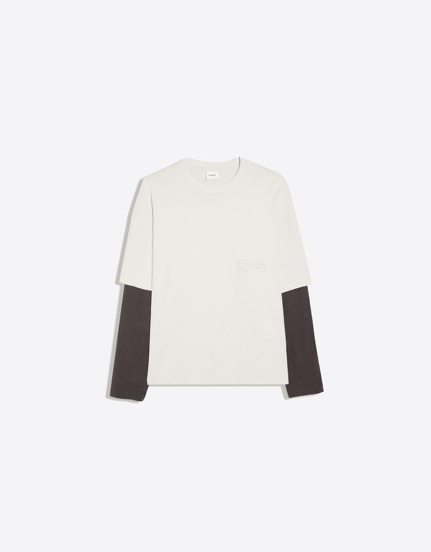 Contrast double-sleeve T-shirt-Grey