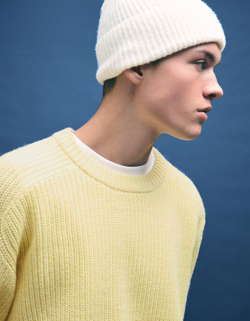 Purl knit wool blend sweater-Yellow