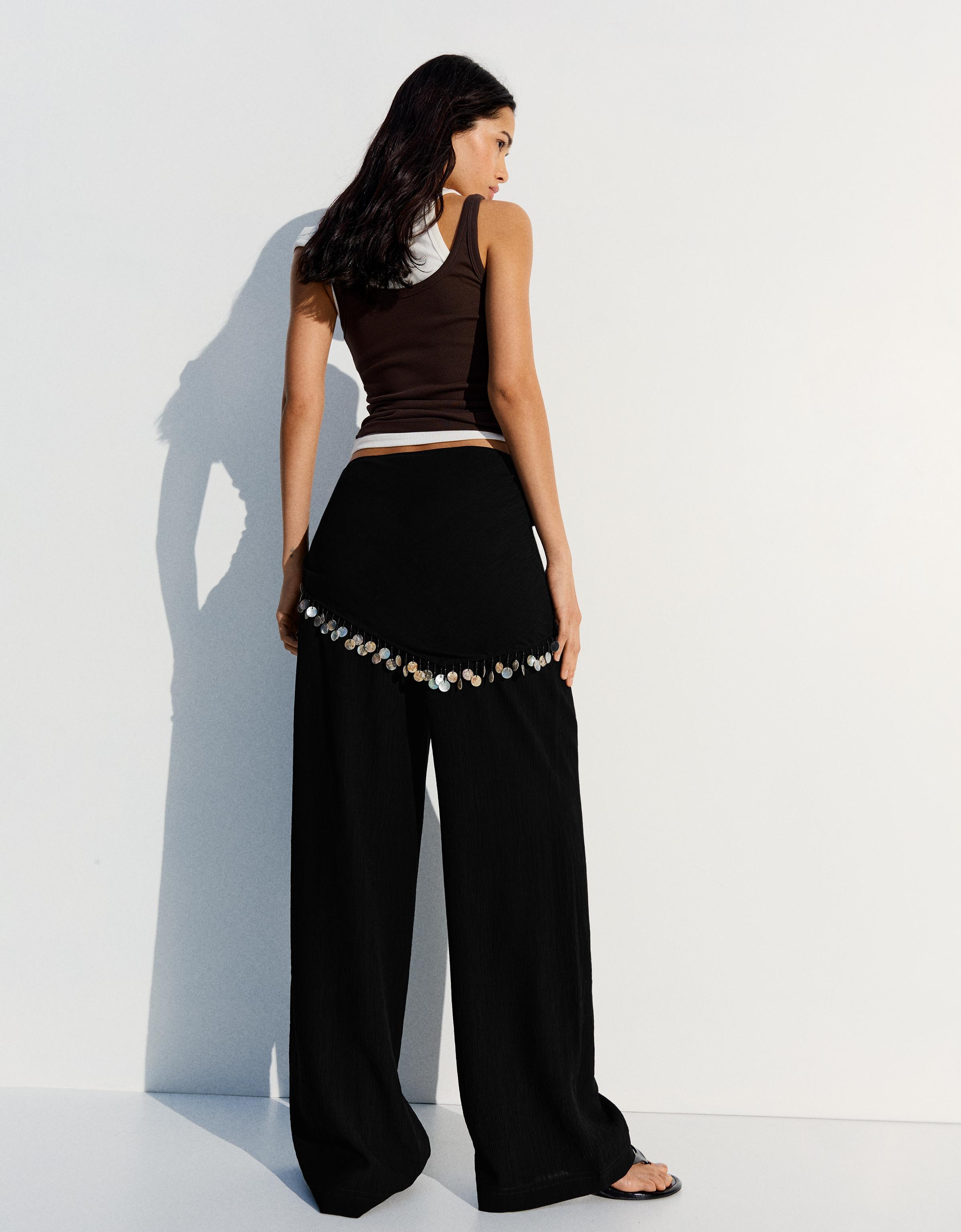 Crinkle scarf-print trousers — Black
