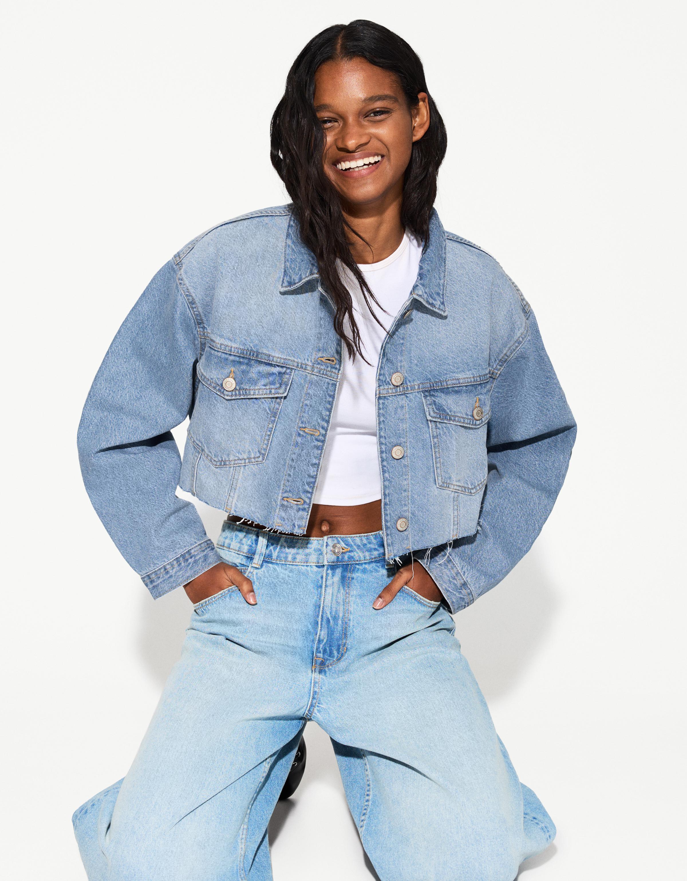 Bershka Cropped Jeansjacke Damen S Ausgewaschenes Blau