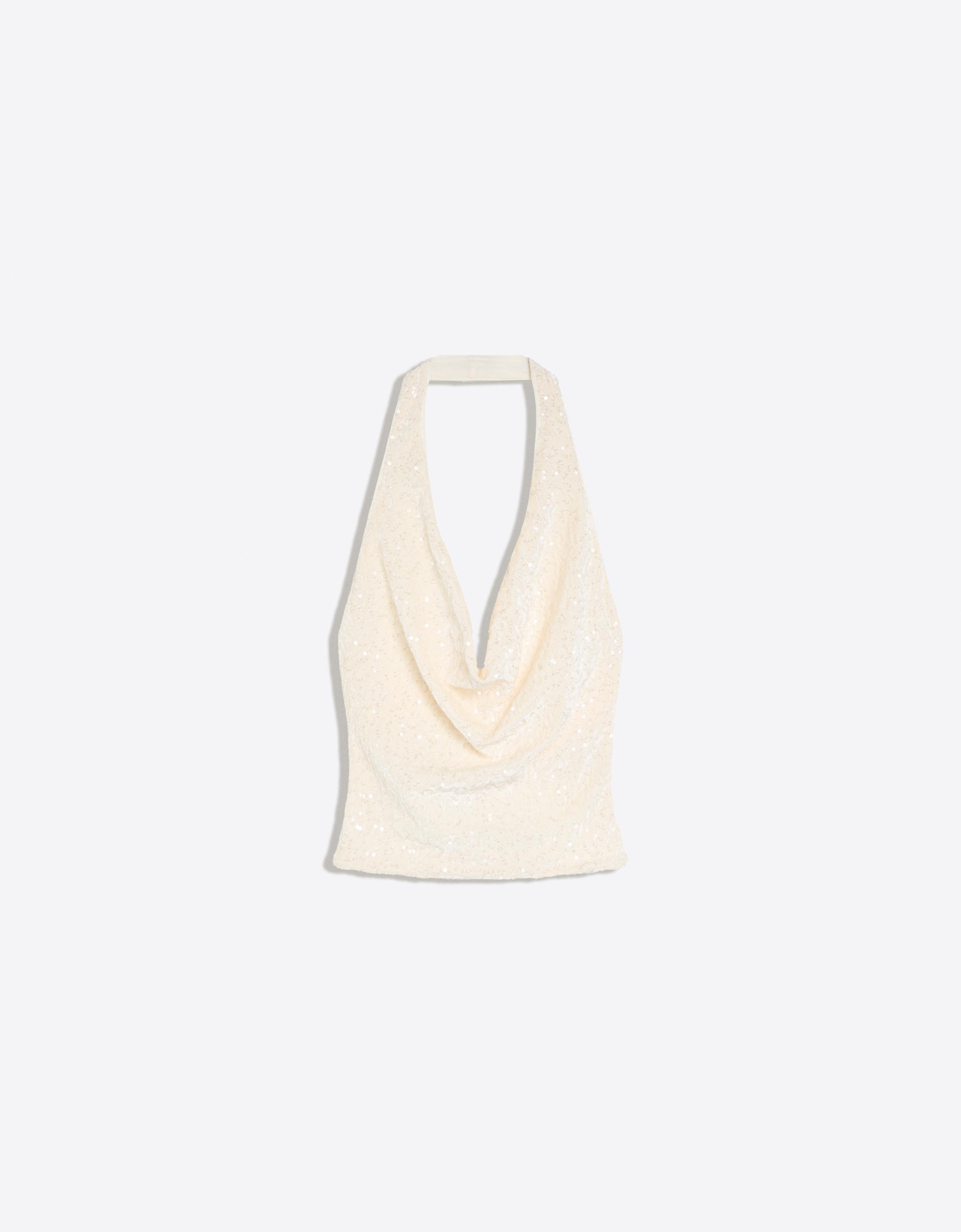Bershka Cekinowy Top Drapowany Typu Halter Kobieta Biały