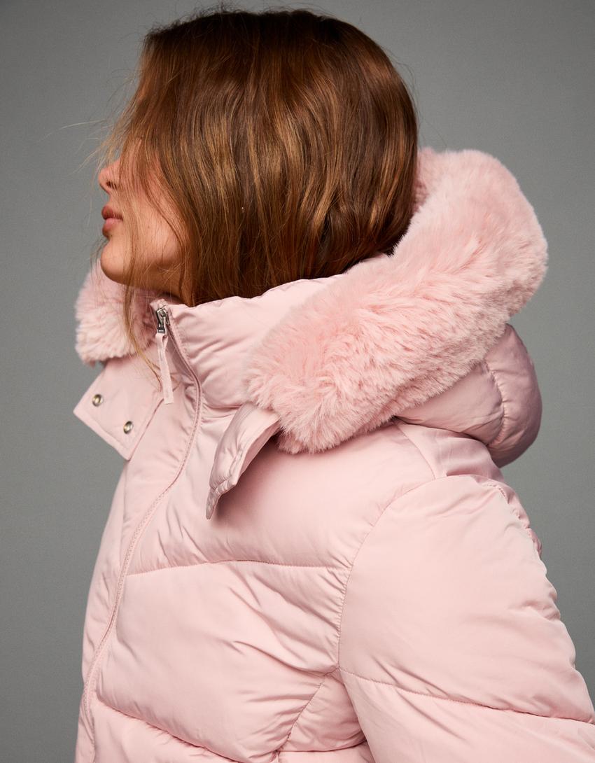 Blusão puffy impermeável com capuz e pelo-Rosa