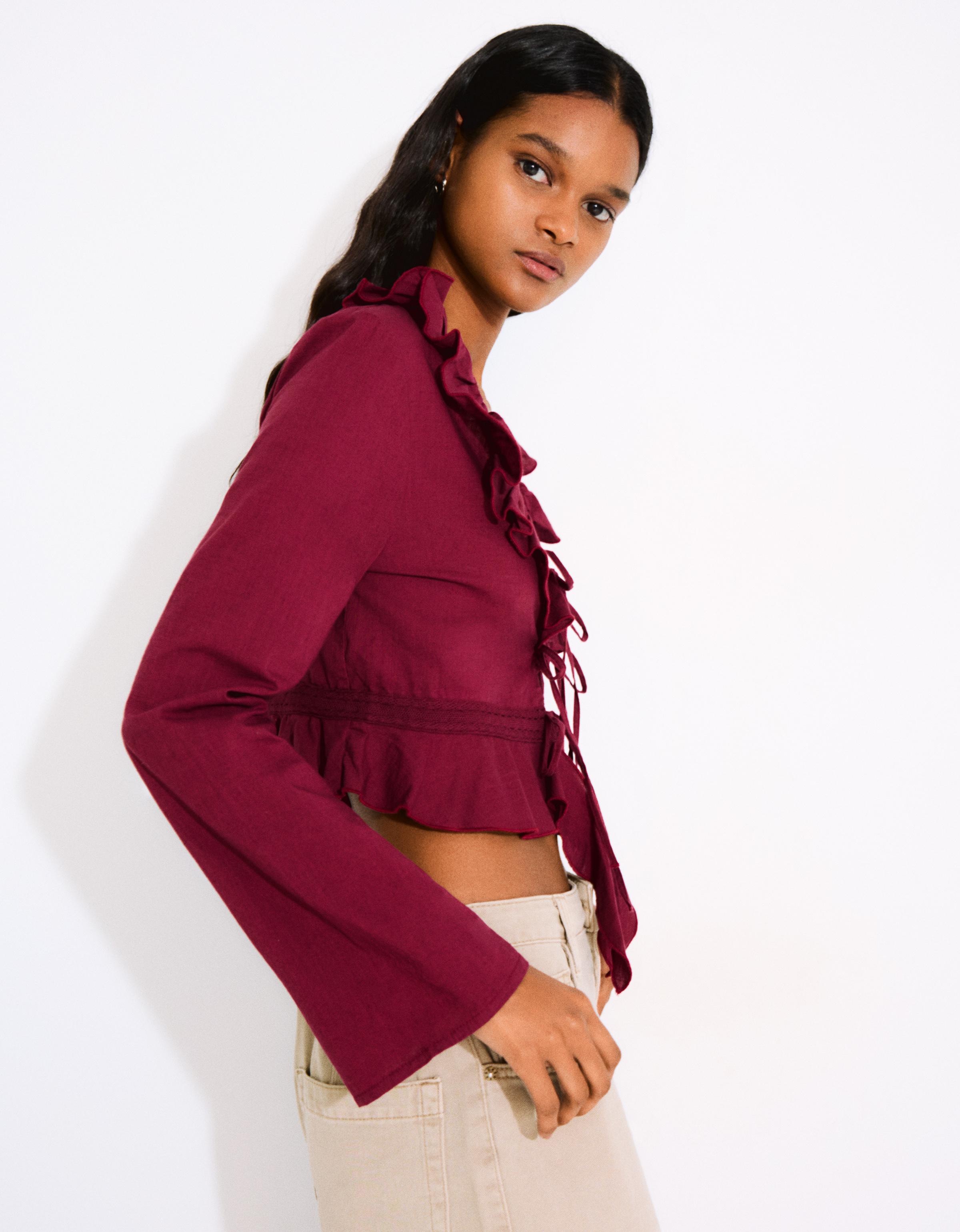 Bershka Bluse Mit Volants Und Schnürung Damen Xs Bordeaux