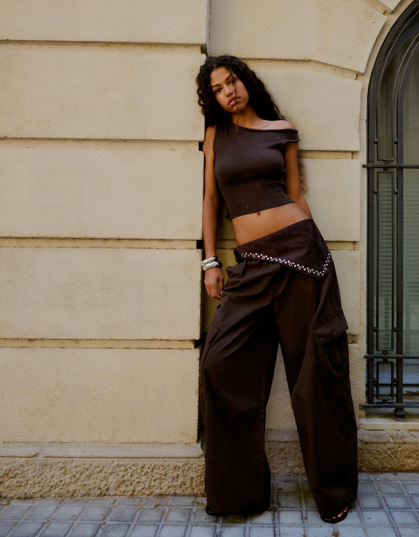 Top col bateau en maille à paillettes-Marron