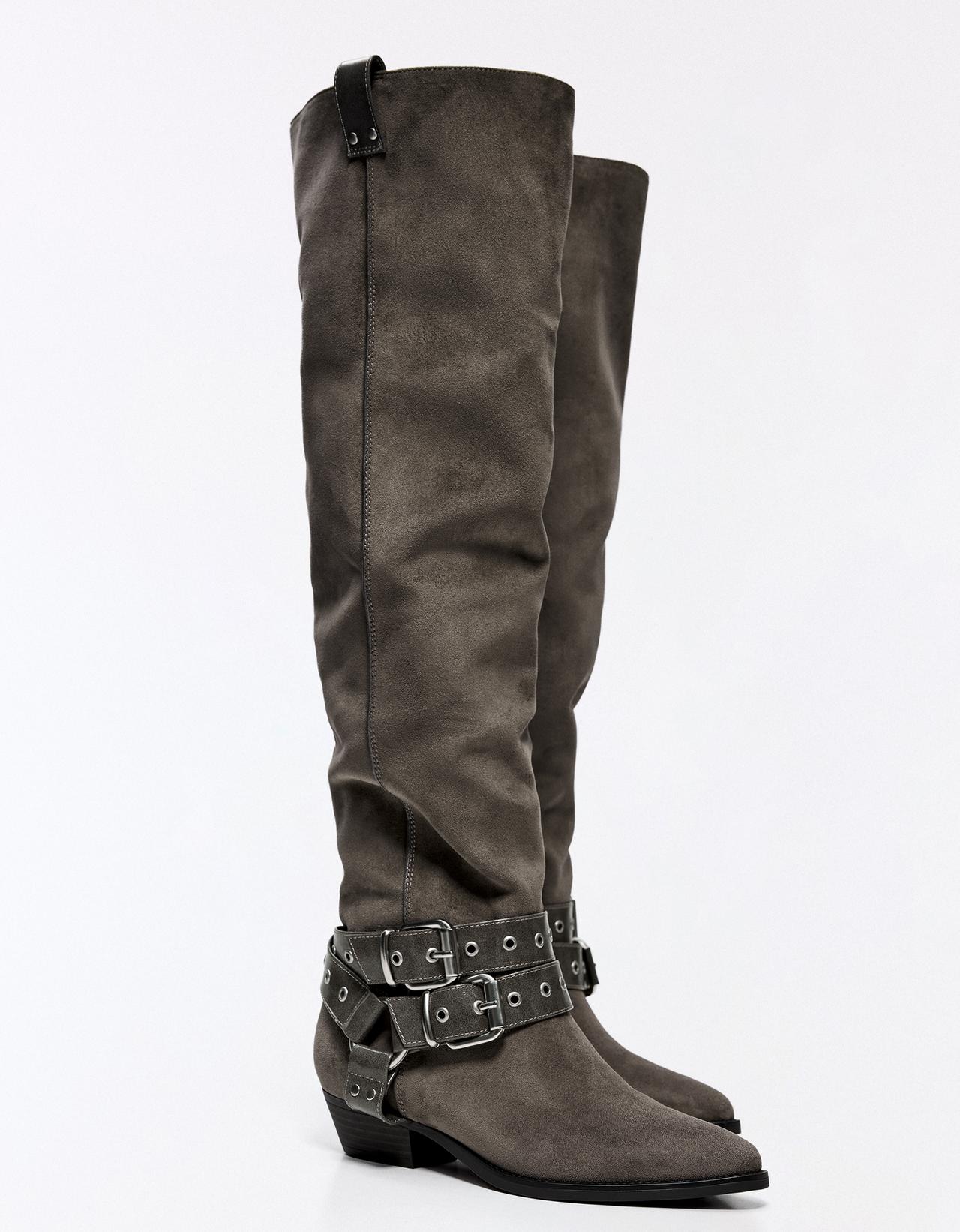 FLAT SLOUCHY BIKER BOOTS — Grey