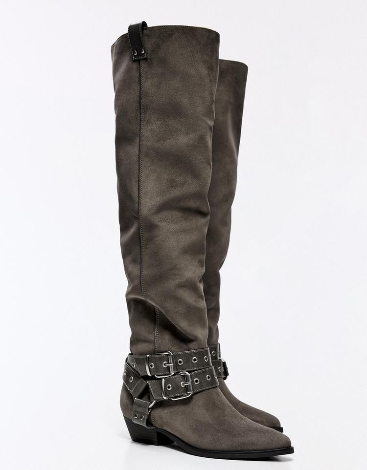 FLAT SLOUCHY BIKER BOOTS — Grey