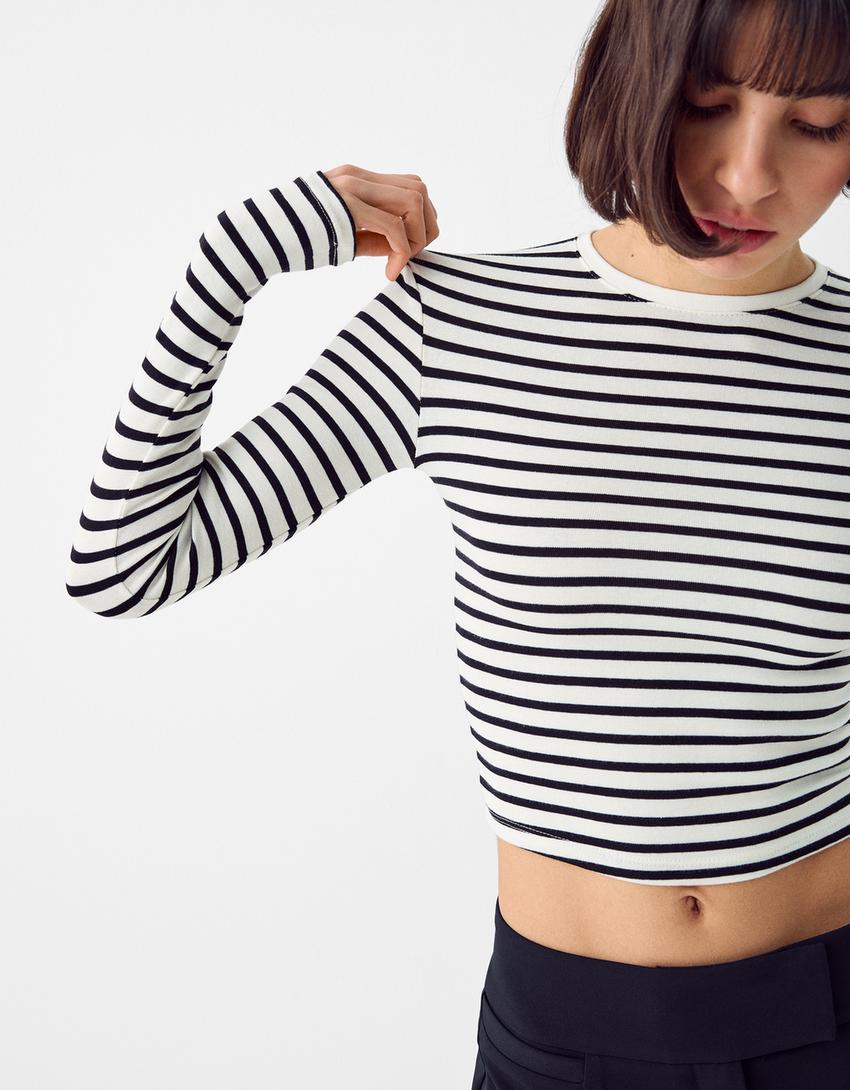 Long sleeve T-shirt with a round neck-White / Black-2