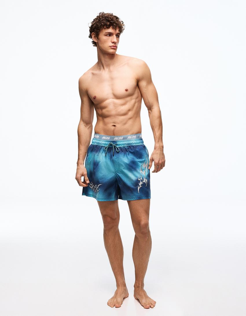 Printed boxy fit swimming trunks-Dark blue
