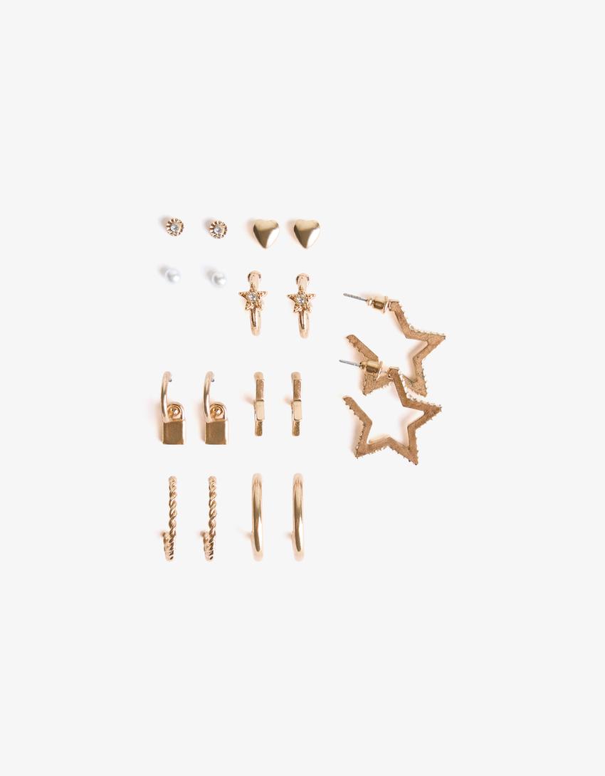 9-pack of star earrings-Gold-3