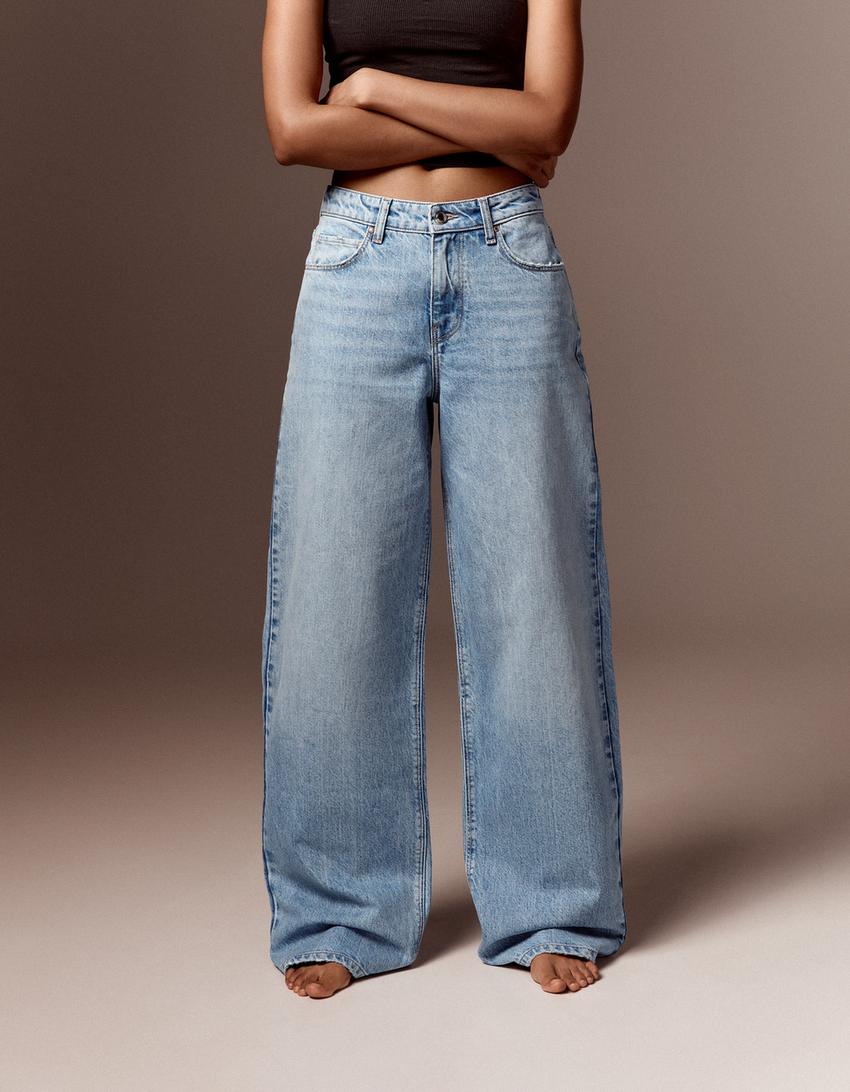Vintage yıkamalı yüksek bel wide leg jean-Açık mavi