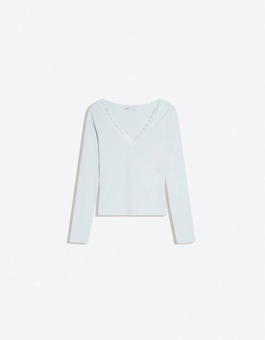Lace long sleeve T-shirt-Light blue
