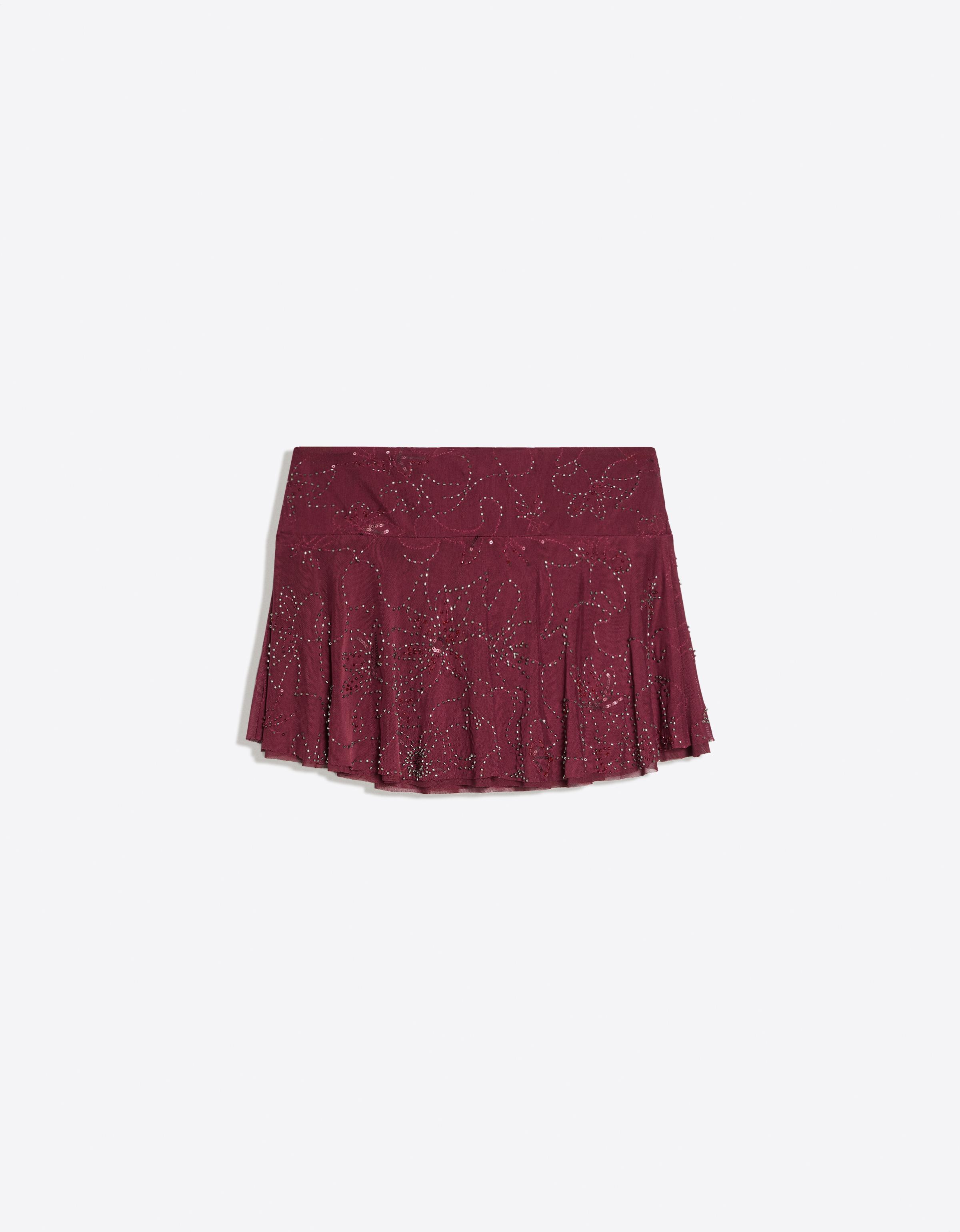Embroidered ruffle mini skirt — Burgundy