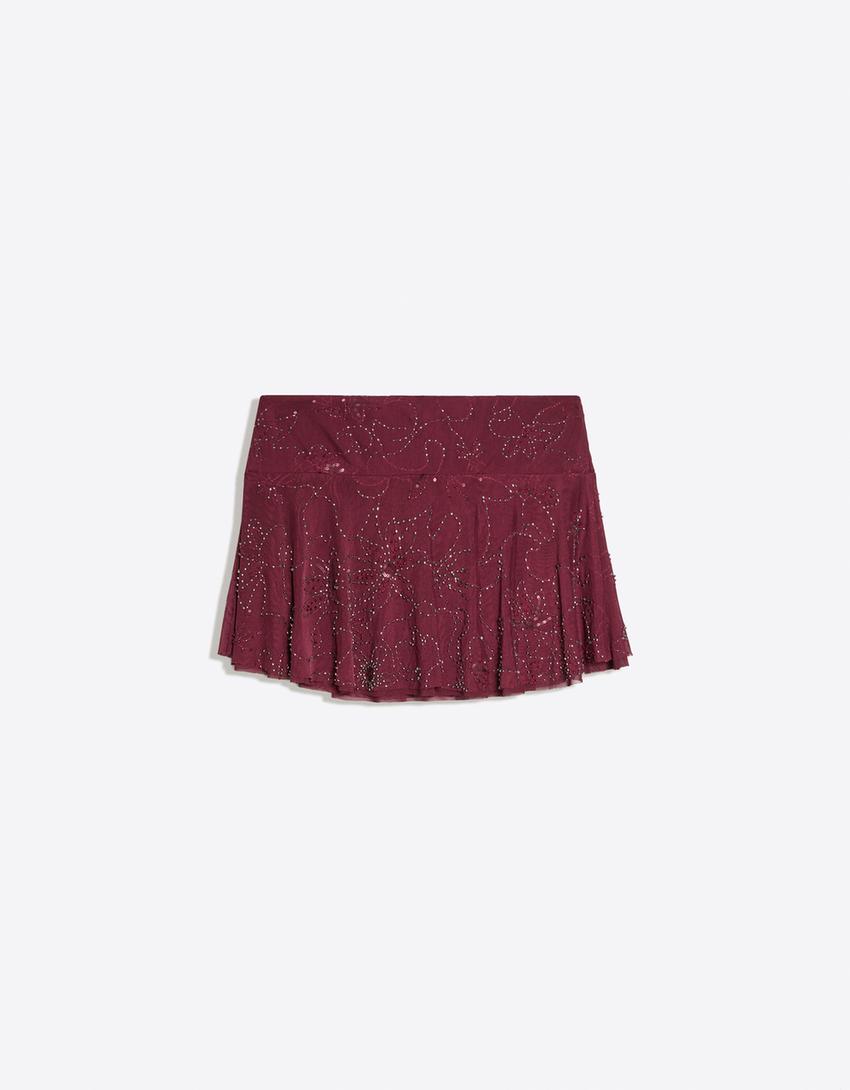 İşlemeli fırfırlı mini etek-Bordo