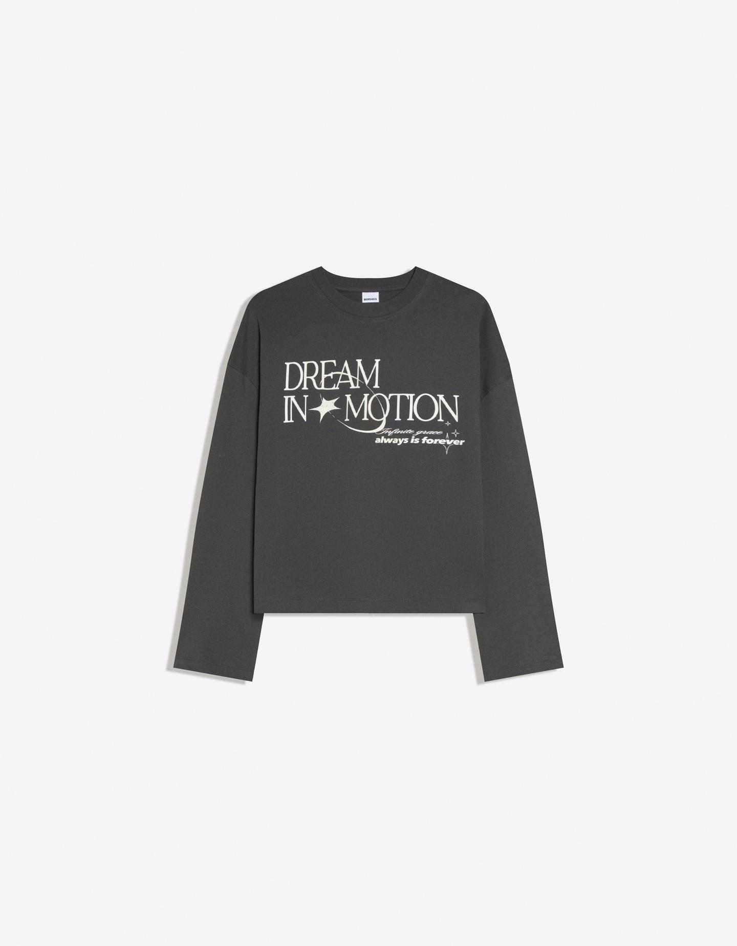 Bershka koszulka oversize z długim rękawem i nadrukiem ciemnoszary