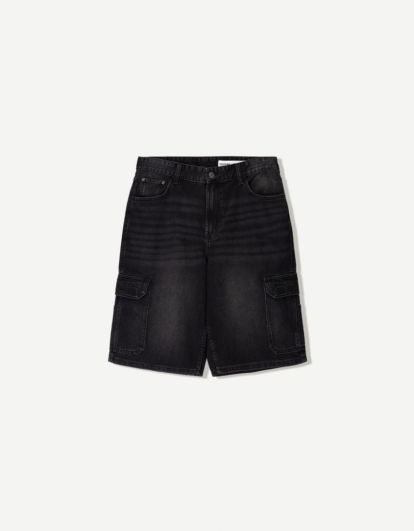 Baggy kargo bermuda şort-Siyah-4