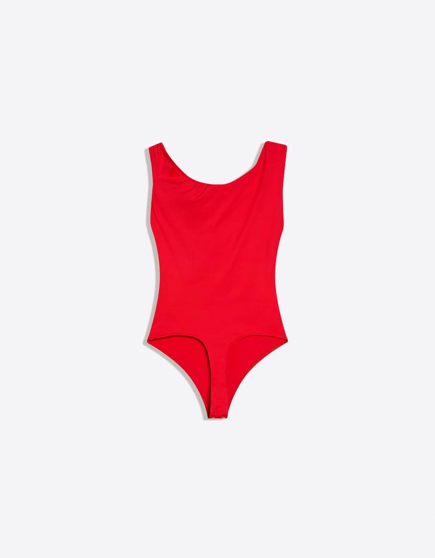 Asymmetric ruched strappy bodysuit-Red