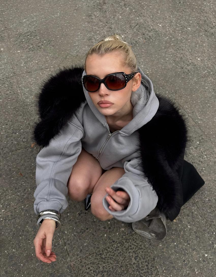 سويت شيرت بسحاب وقياس كبير وغطاء رأس-رمادي