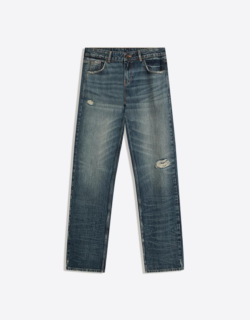 Ripped low-rise straight-leg jeans-Blue