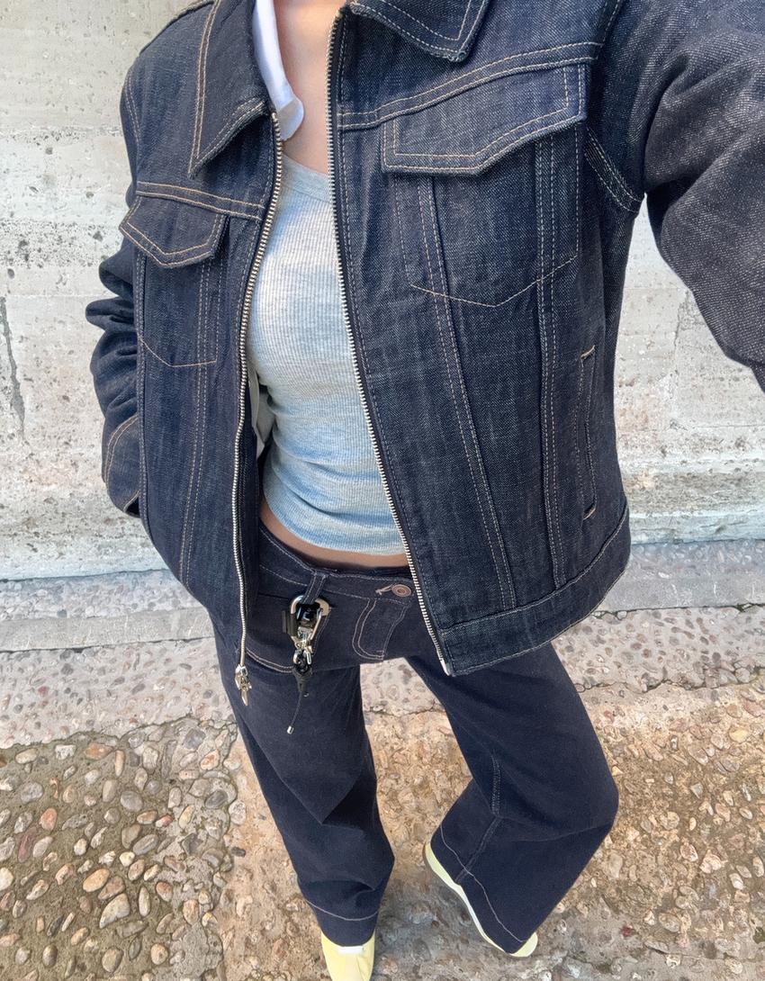 Jeans mit Weitem Bein, hohem Bund und Nahtlosen Taschen-Marinenblau