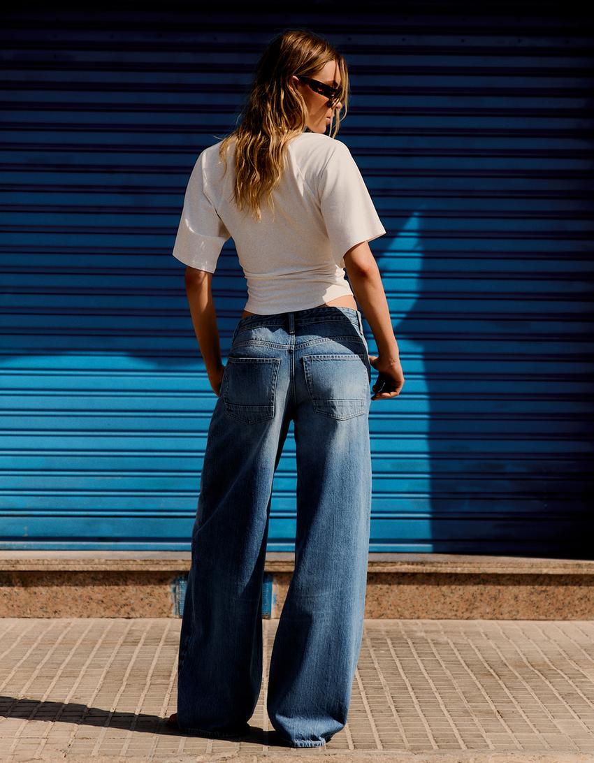 Low-rise straight-leg jeans with crossover waist-Light blue