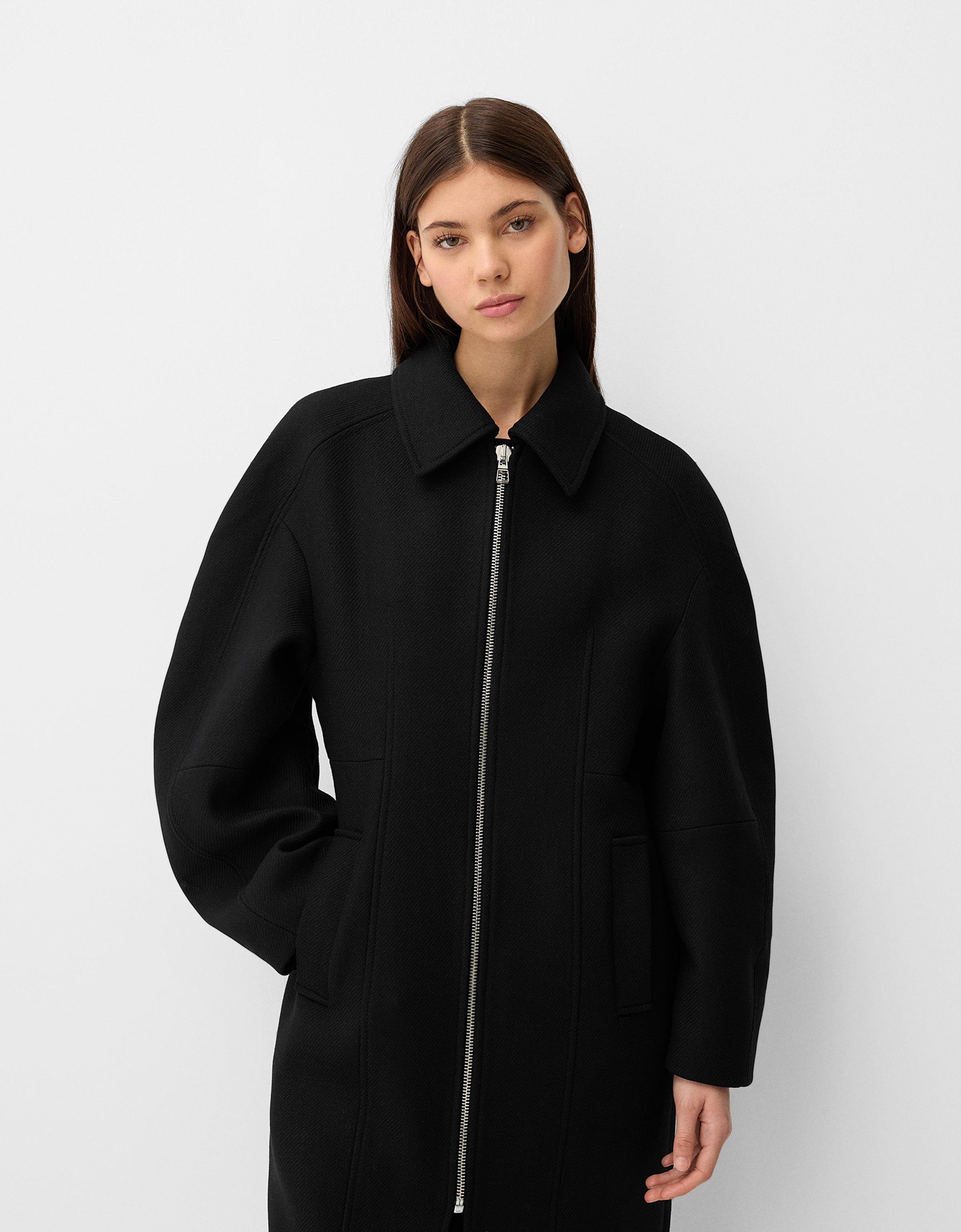 Bershka Langer Mantel Mit Manteco-Wolle Und Puffärmeln Damen Xs-S Schwarz