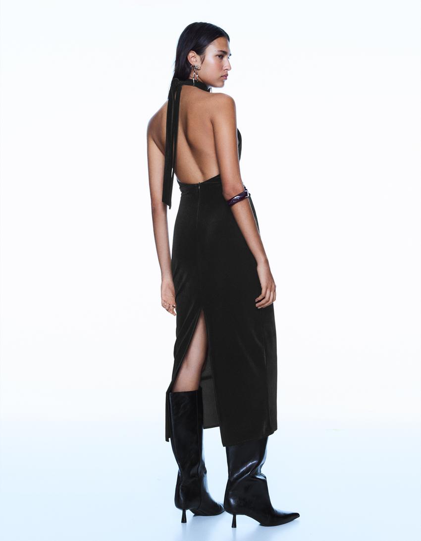 Vestido midi drapeado efeito veludo-Preto